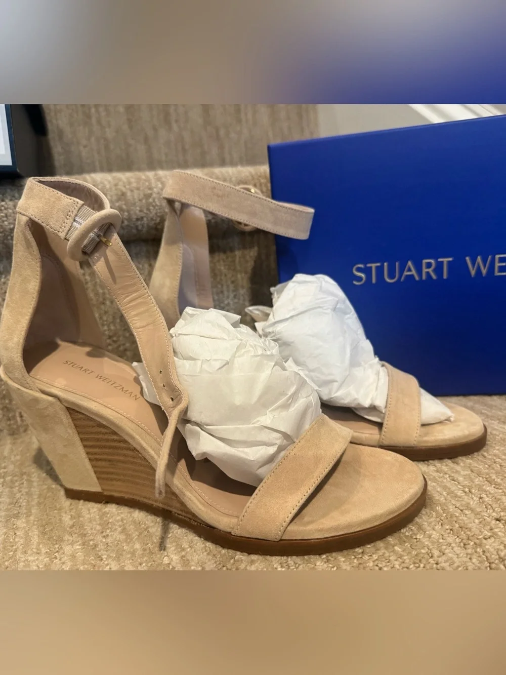 NEW, Never worn Stuart Weitzman Beige Suede Ankle-Strap Sandals - Picture 3 of 10